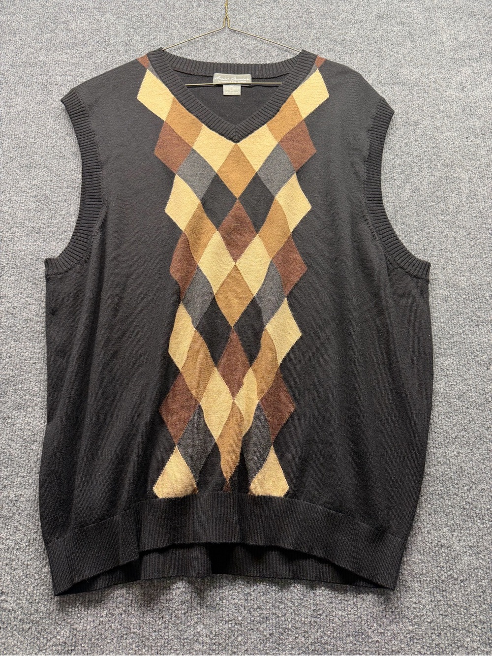 Daniel Cremieux Black V-Neck Argyle Sweater Vest with Brown and Cream Diamonds